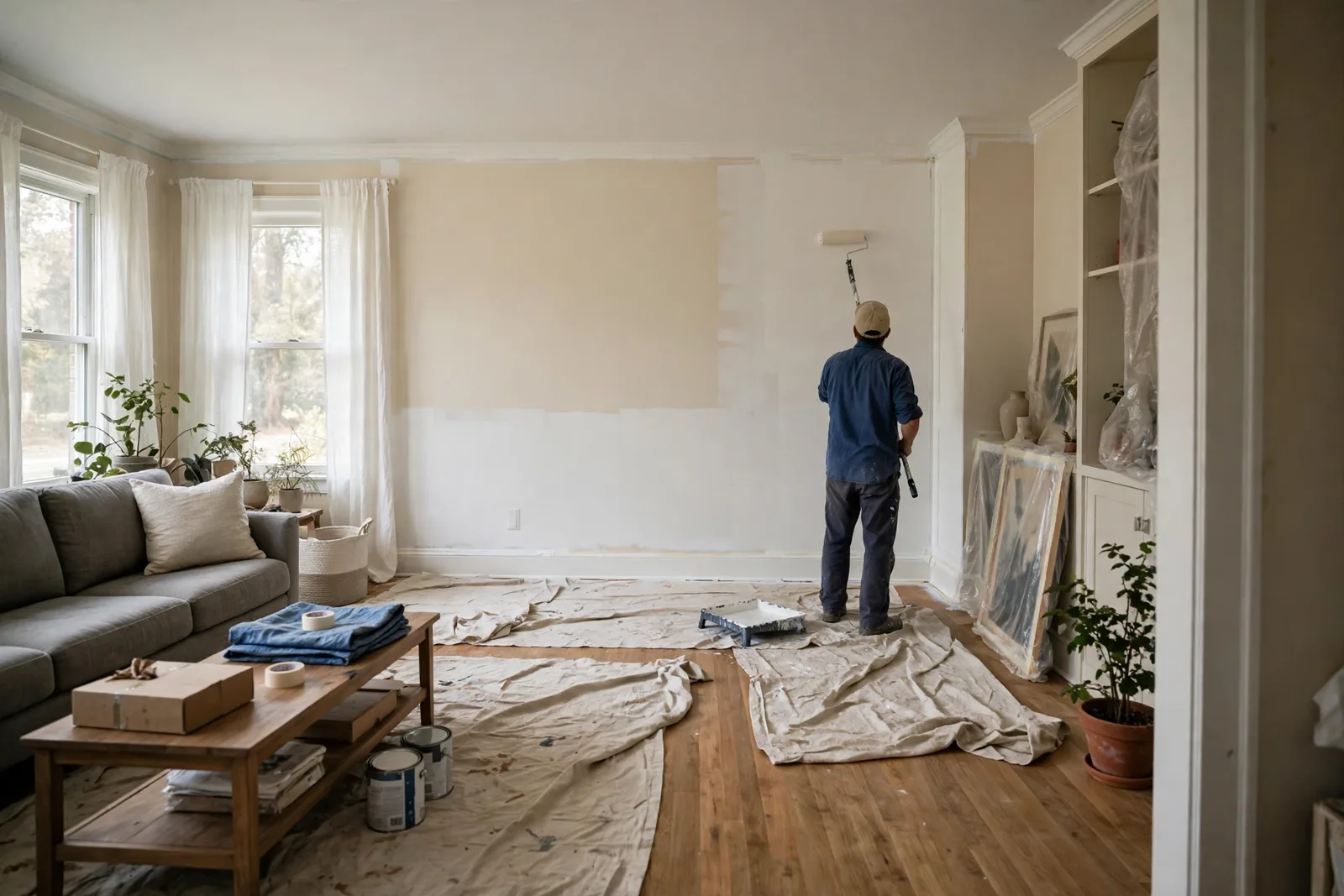 Painter rolling an interior wall